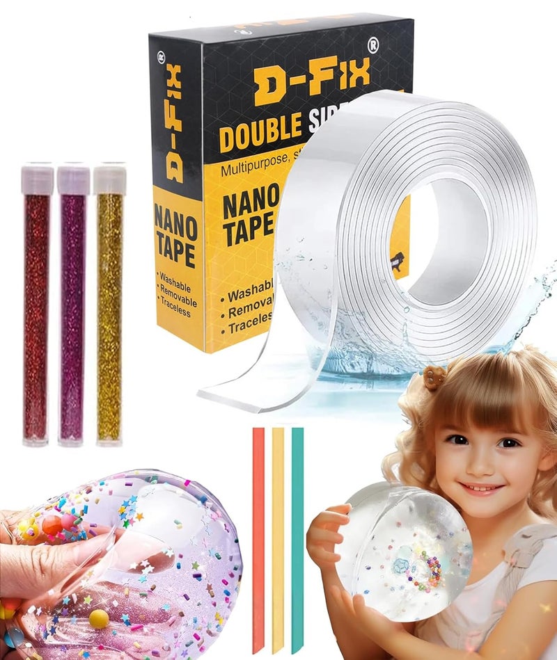 D-Fix Nano Tape With 3 Glitter Flakes 3 Stars Straw For Balloon Double Sided Ivy Grip Tape For Walls Washable Reusable Strong Sticky Strips Multicolor Moon & Heart Art And Craft Diy Kit - Image 1