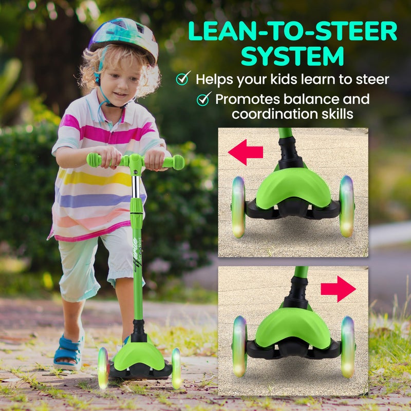 Hurtle Mini Kickboard Scooter for Kids - Height Adjustable 25''-28'', Lightweight 3-Wheel with LED Light-up Wheels, Anti-Slip,Indoor/Outdoor Fun, Micro Scooters for Ages 2-5 (Green) - Image 2