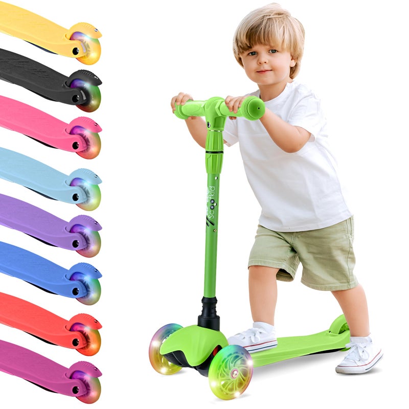 Hurtle Mini Kickboard Scooter for Kids - Height Adjustable 25''-28'', Lightweight 3-Wheel with LED Light-up Wheels, Anti-Slip,Indoor/Outdoor Fun, Micro Scooters for Ages 2-5 (Green) - Image 1