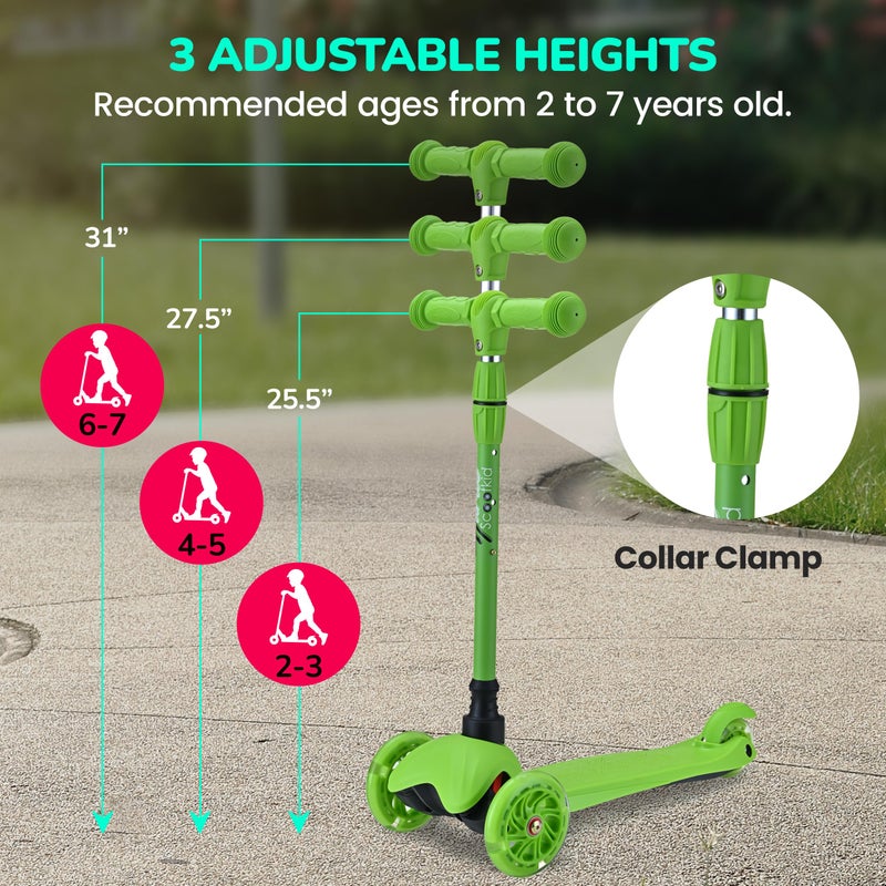 Hurtle Mini Kickboard Scooter for Kids - Height Adjustable 25''-28'', Lightweight 3-Wheel with LED Light-up Wheels, Anti-Slip,Indoor/Outdoor Fun, Micro Scooters for Ages 2-5 (Green) - Image 3
