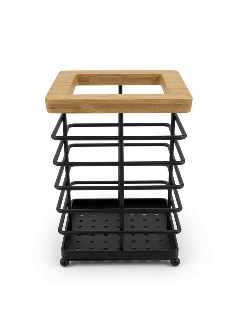 Metal & Wooden 3-Tier Rolling Kitchen Utensil Holder - Black Wire Rack with Wheels - Image 1