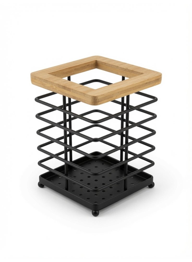 Metal & Wooden 3-Tier Rolling Kitchen Utensil Holder - Black Wire Rack with Wheels - Image 2