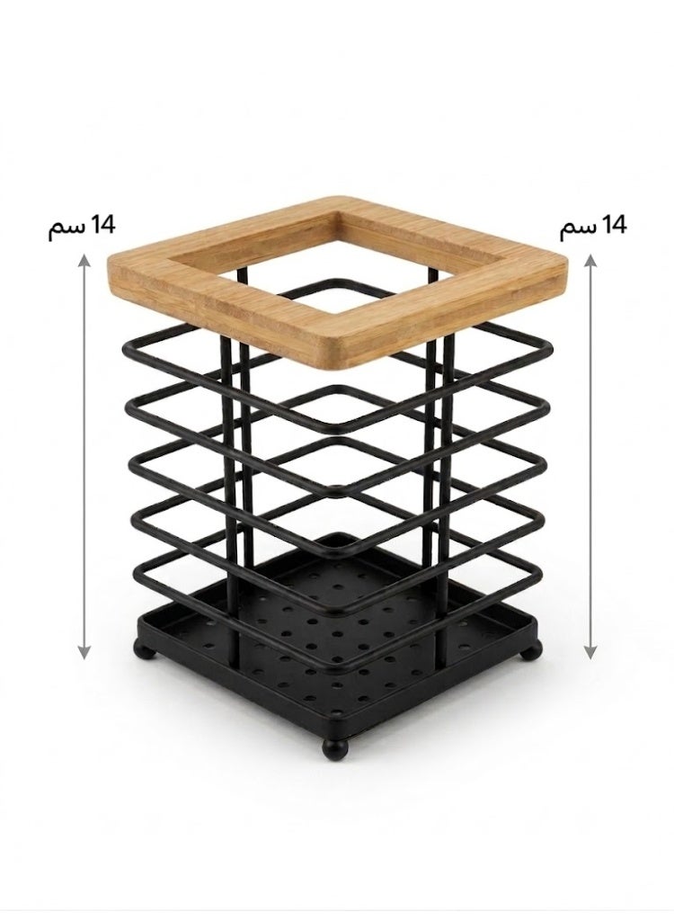 Metal & Wooden 3-Tier Rolling Kitchen Utensil Holder - Black Wire Rack with Wheels - Image 4