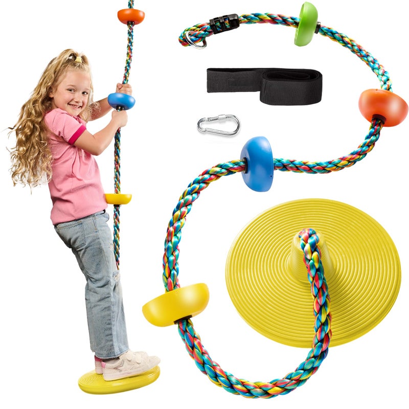 Jungle Gym Kingdom Tree Swing for Kids  Single Disc Seat and Rainbow Climbing Rope Set wCarabiner and 26 Foot Strap  Treehouse and Outdoor Playground Accessories  Yellow - Image 2