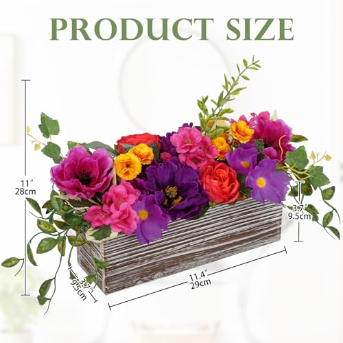 DILATATA Flower Arrangement with Wooden Vase 10 Artificial Flowers in Pot Fake Flowers in White Rectangular Wooden Vase Potted Faux Flower Centerpieces for Table Decor Living Room Purple - Image 3