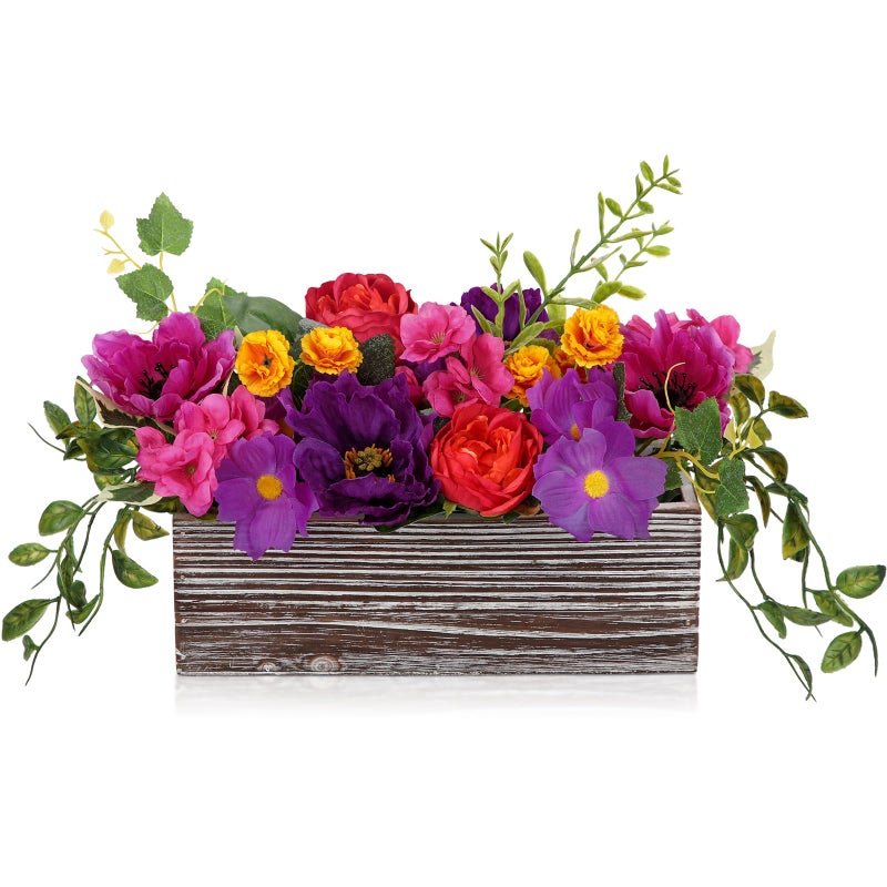 DILATATA Flower Arrangement with Wooden Vase 10 Artificial Flowers in Pot Fake Flowers in White Rectangular Wooden Vase Potted Faux Flower Centerpieces for Table Decor Living Room Purple - Image 2