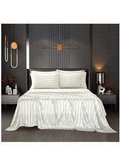 RION 3 Piece Luxury White Striped Bed Sheet Set with 1 Flat Sheet and 2 Pillowcases With Skirting Design for Hotel an Home Crafted from Ultra Soft and Breathable Cotton for Year-Round Comfort, 210 TC, Indian Cotton, (Double)  - Image 1
