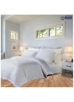 RION 3 Piece Luxury White Striped Bed Sheet Set with 1 Flat Sheet and 2 Pillowcases With Skirting Design for Hotel an Home Crafted from Ultra Soft and Breathable Cotton for Year-Round Comfort, 210 TC, Indian Cotton, (Double)  - Image 4