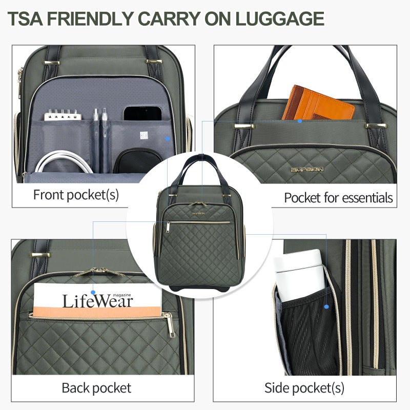 EMPSIGN Underseat Carry On Wheeled - 16" Carry on Bag with Wheels Multi-functional Lightweight Rolling Bag Overnight Weekender Small Suitcase for Women Men Travel Business, Army Green-Gold Zipper - Image 4