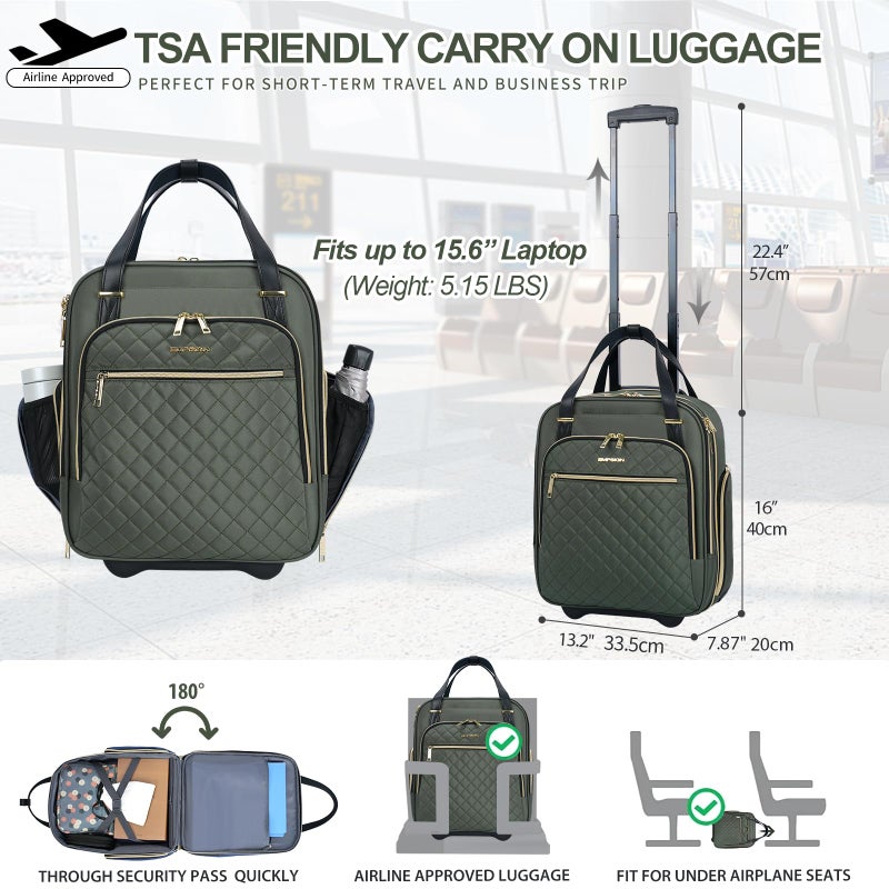 EMPSIGN Underseat Carry On Wheeled - 16" Carry on Bag with Wheels Multi-functional Lightweight Rolling Bag Overnight Weekender Small Suitcase for Women Men Travel Business, Army Green-Gold Zipper - Image 2