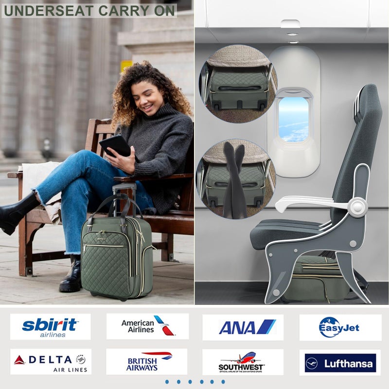 EMPSIGN Underseat Carry On Wheeled - 16" Carry on Bag with Wheels Multi-functional Lightweight Rolling Bag Overnight Weekender Small Suitcase for Women Men Travel Business, Army Green-Gold Zipper - Image 5