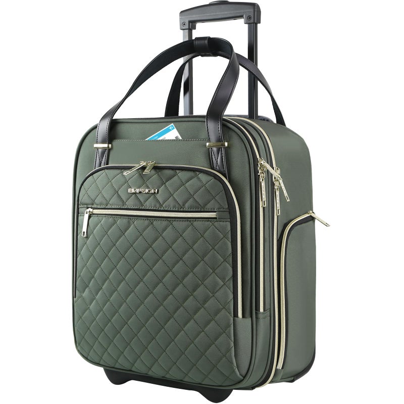 EMPSIGN Underseat Carry On Wheeled - 16" Carry on Bag with Wheels Multi-functional Lightweight Rolling Bag Overnight Weekender Small Suitcase for Women Men Travel Business, Army Green-Gold Zipper - Image 1