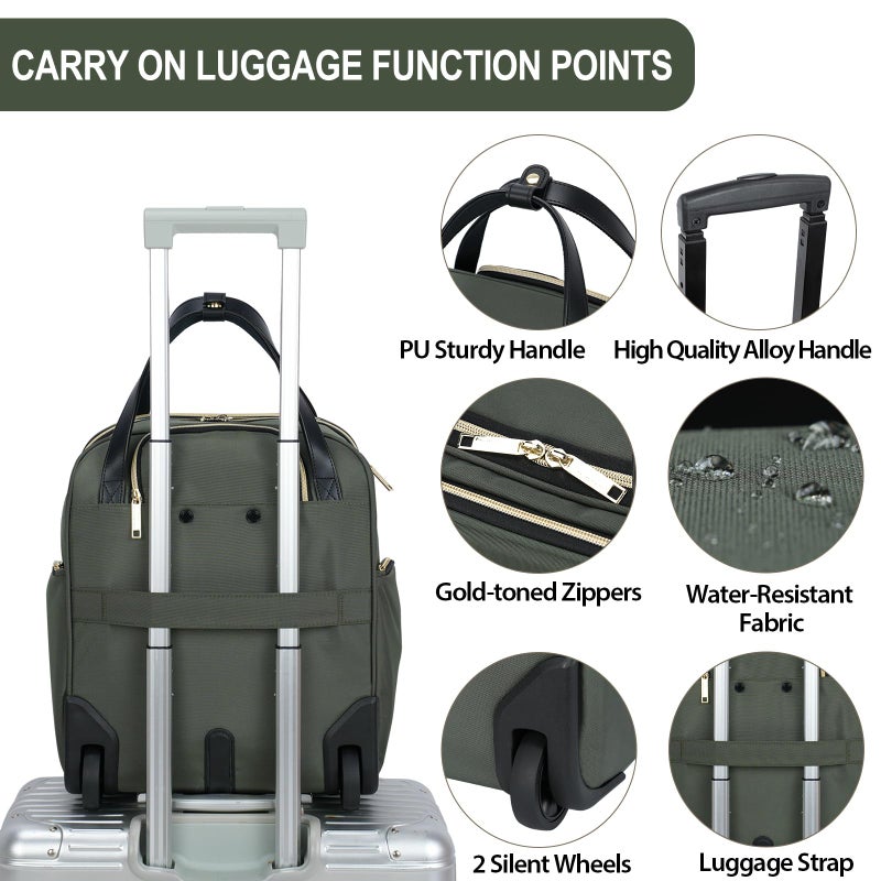 EMPSIGN Underseat Carry On Wheeled - 16" Carry on Bag with Wheels Multi-functional Lightweight Rolling Bag Overnight Weekender Small Suitcase for Women Men Travel Business, Army Green-Gold Zipper - Image 3