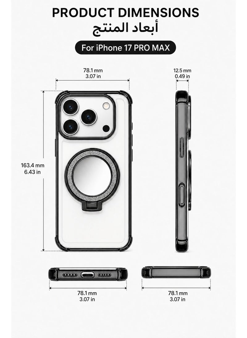حافظة iPhone لهاتف iPhone 17 Pro Max من السيليكون، حافظة هاتف مقاومة للصدمات بدرجة عسكرية وحماية كاملة للعدسة، درجة حرارة عالية ضد الاصفرار من الأشعة فوق البنفسجية لشمس الشرق الأوسط، رفيعة للغاية غير لامعة خالية من بصمات الأصابع، حامل مغناطيسي مع مرآة، حافظات iPhone لمحترفي الأعمال، والمشجعين العصريين والمصورين - Image 5