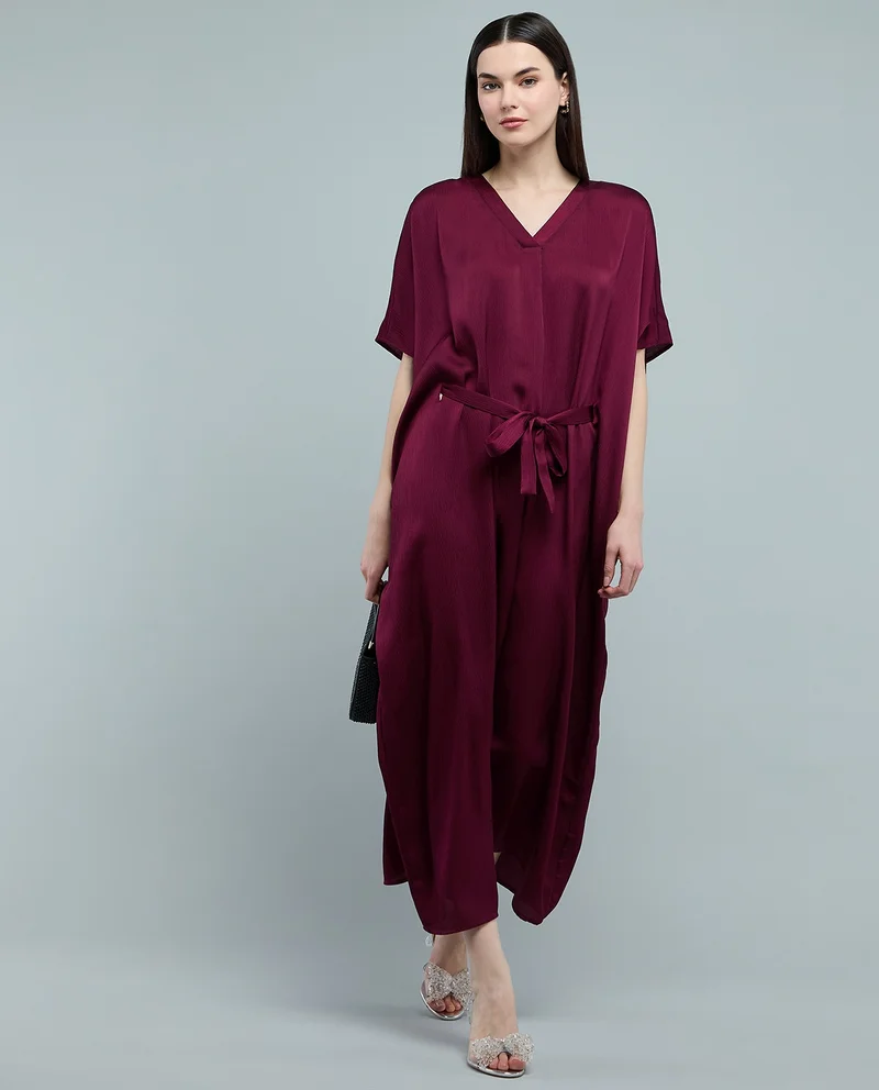 أر أند بي Belted Midi Dress with V-Neck and Kaftan Sleeves