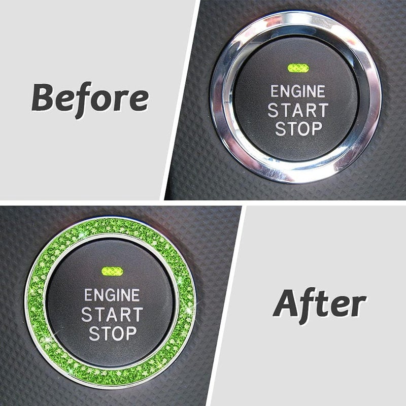 ToBeQueen Bling Car Crystal Rhinestone Ring Emblem Sticker, Car Interior Decoration, Bling Car Accessories for Women, Push to Start Button, Key Ignition Starter & Knob Ring (Green) - Image 2