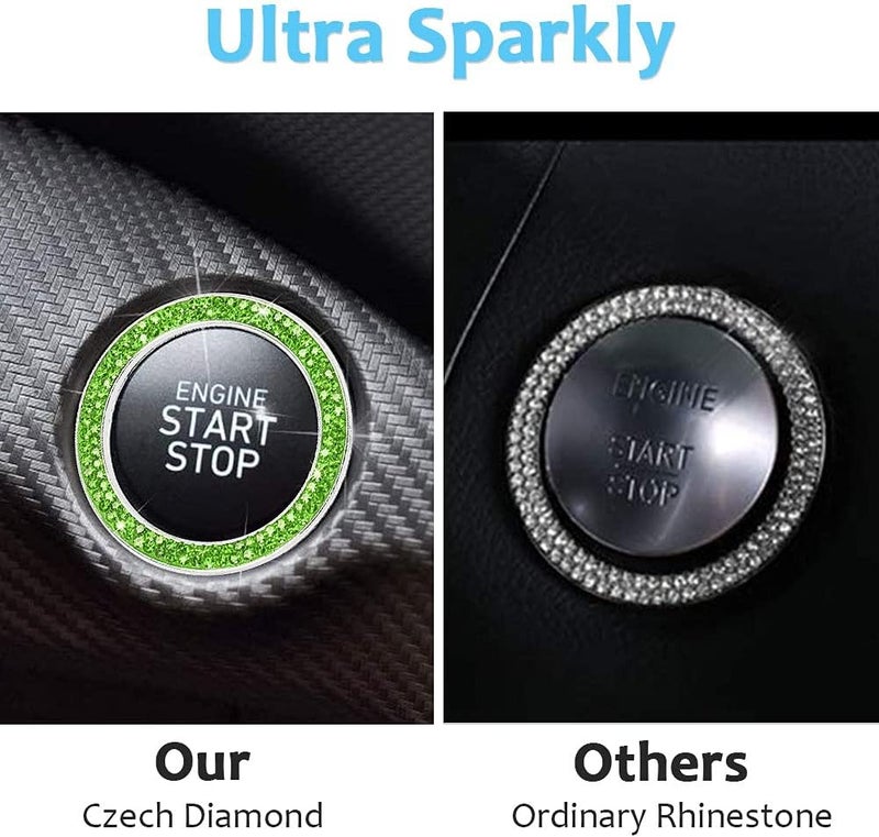 ToBeQueen Bling Car Crystal Rhinestone Ring Emblem Sticker, Car Interior Decoration, Bling Car Accessories for Women, Push to Start Button, Key Ignition Starter & Knob Ring (Green) - Image 3