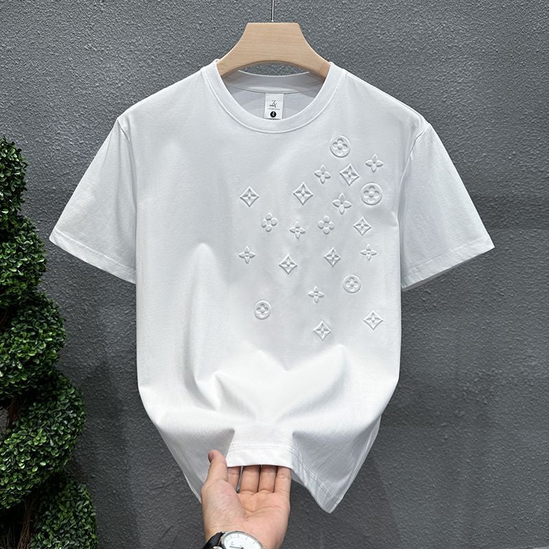 Internet Trendy New Short-sleeved T-shirt Mens Summer Steel-printed Half-sleeve Top Round Neck Pullover Jacquard T-shirt White  - Image 1