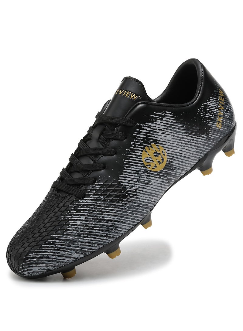 سكاي فيو حذاء كرة قدم SKY VIEW للأولاد والبنات، حذاء كرة قدم عشبي للأطفال للاستخدام الداخلي والخارجي، حذاء كرة قدم للجنسين، حذاء رياضي AG FG واسع للتدريب، أسود - Image 1