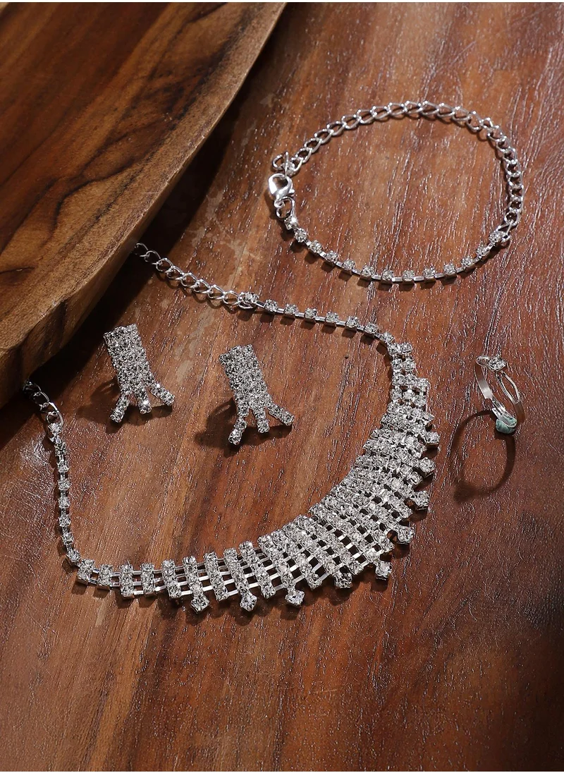 سوهي SOHI Women's The Bijou-Niht Jewellery Set For Casual Wear | Crystal Silver Colour | Alloy Material | Lobster Clasp Closure | Artificial Stone Jewellery Set | Jewellery Set For Women & Girls