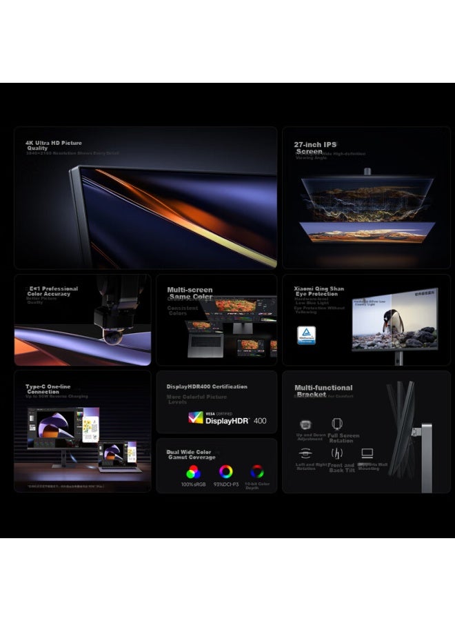 M I شاشة مكتب Mi Redmi بحجم 27 بوصة بدقة 4K مع دقة ألوان احترافية Hdr400 10bit Type-c 90w قابلة للدوران وقابلة لتعديل الارتفاع A27u نسخة Type-c - Image 1