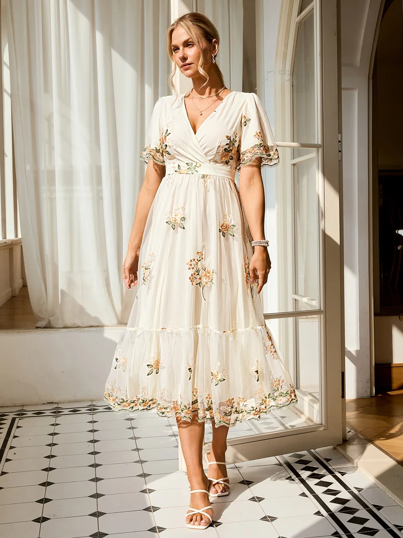 Simplee V Neck Short Sleeve Waist Cinched Midi Dress, Flowy Skirt, Gentle Daily Floral Dress