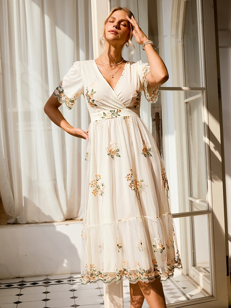 Simplee V Neck Short Sleeve Waist Cinched Midi Dress, Flowy Skirt, Gentle Daily Floral Dress