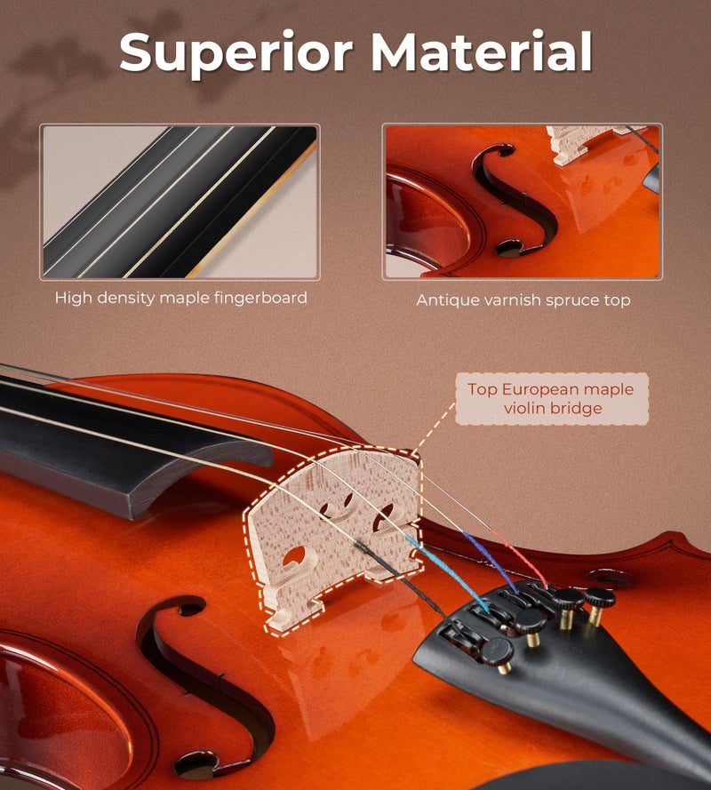 Vangoa Violin 4/4 Full Size Fiddle Set, Handcrafted Spruce Acoustic Violins Bundle Kit for Beginners Adults, Starter Violin Outfit with Hard Case, Strings, Bow, Tuner, Mute, Notes Sticker - Image 3
