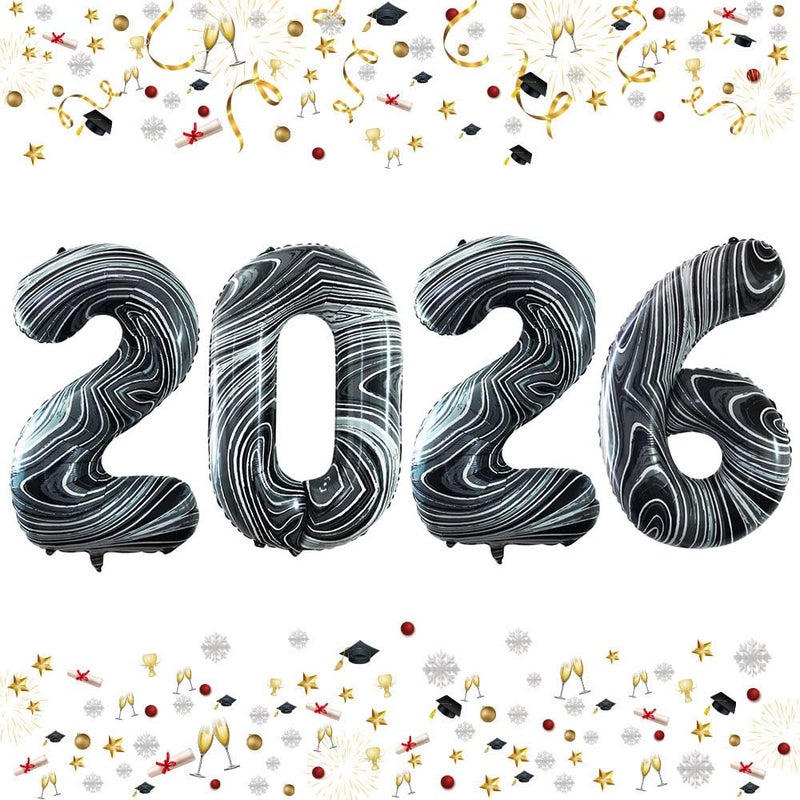 GOER 42 Inch 2026 Foil Number Balloons for 2026 New Year Eve Festival Party Supplies Graduation Decorations Marble Black - Image 2