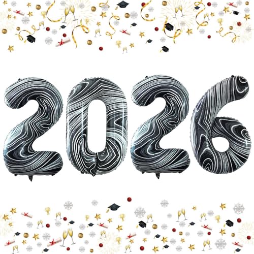 GOER 42 Inch 2026 Foil Number Balloons for 2026 New Year Eve Festival Party Supplies Graduation Decorations Marble Black - Image 1