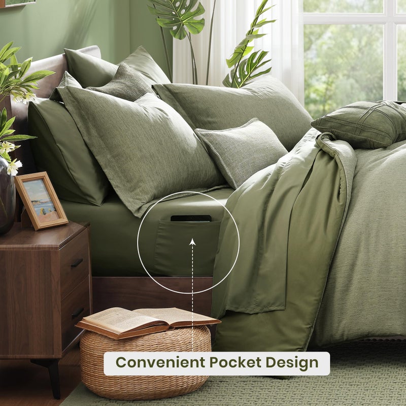 Monbix Queen Comforter Set - 7 Pieces Cationic Dyeing Sage Green Bed in a Bag Queen Bedding Sets with Comforter, Sheets, Pillowcases & Shams, Reversible Bedding Comforters Sets - Image 4