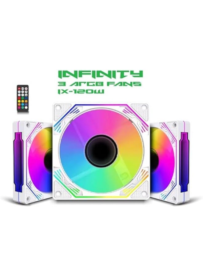 SHARX INFINITY(IX-120W), Pack of 3 ARGB Case Fans, White, 120mm , Low Noise Anti Vibration Pads, 3 Sides Infinity Mirror, 4pin/3pin PWM Motherboard Light Sync, With Remote Controller, For Computer Case and Liquid Cooler - Image 1