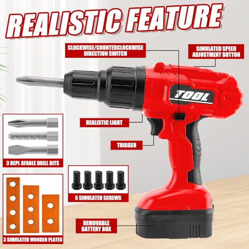 PANPAPA Electric Power Kids Drill and Screw SetToy Drill Set Include 3 Interchange dirll bits with Realistic Sound ActionKids Pretend Play ToolDrill Toys for Boys Ages 35 BoysRed - Image 5