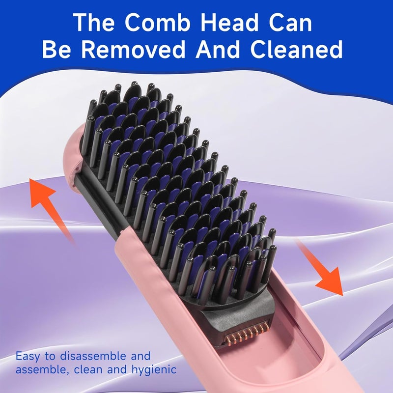 BOMIDI Cordless Hair Straightener Brush with Detachable for Easy Clean, 200M Negative Ions, 6-Speed Smart Temp Control and Type-C/Base Dual Charging, Travel-Friendly Styling Tool - Pink - Image 4