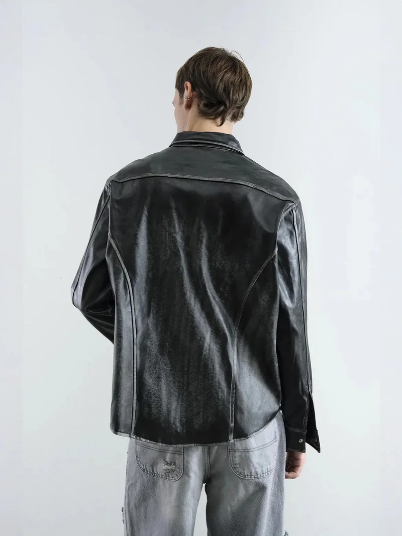 Giesto Charcoal Grey GIESTO Faux Leather Long Sleeve Button-Up Shirt for Men | Best Price UAE