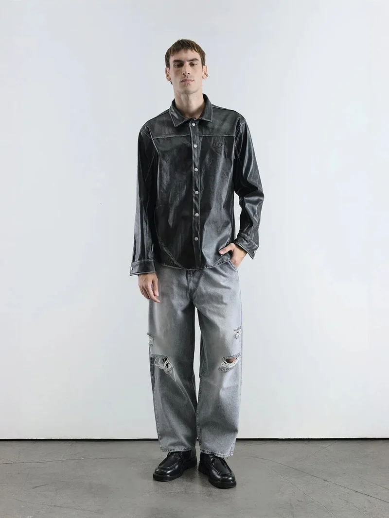 GIESTO Faux Leather Long Sleeve Button-Up Shirt