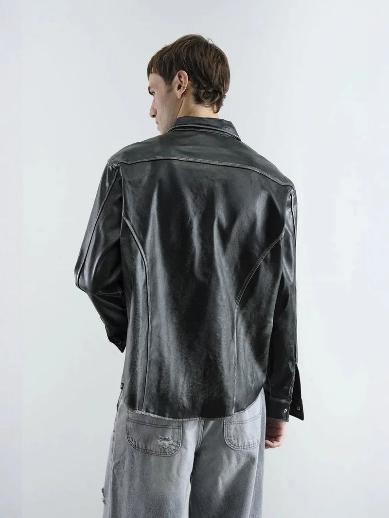 Giesto Charcoal Grey GIESTO Faux Leather Long Sleeve Button-Up Shirt for Men | Best Price UAE