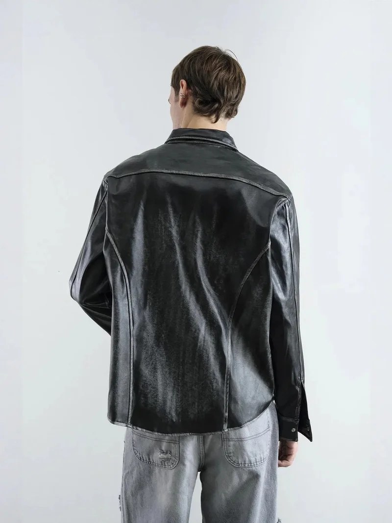 جيستو GIESTO Faux Leather Long Sleeve Button-Up Shirt