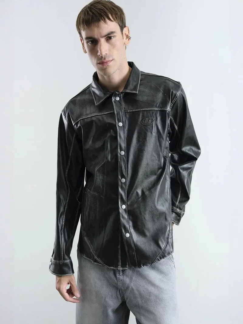 Giesto Charcoal Grey GIESTO Faux Leather Long Sleeve Button-Up Shirt for Men | Best Price UAE