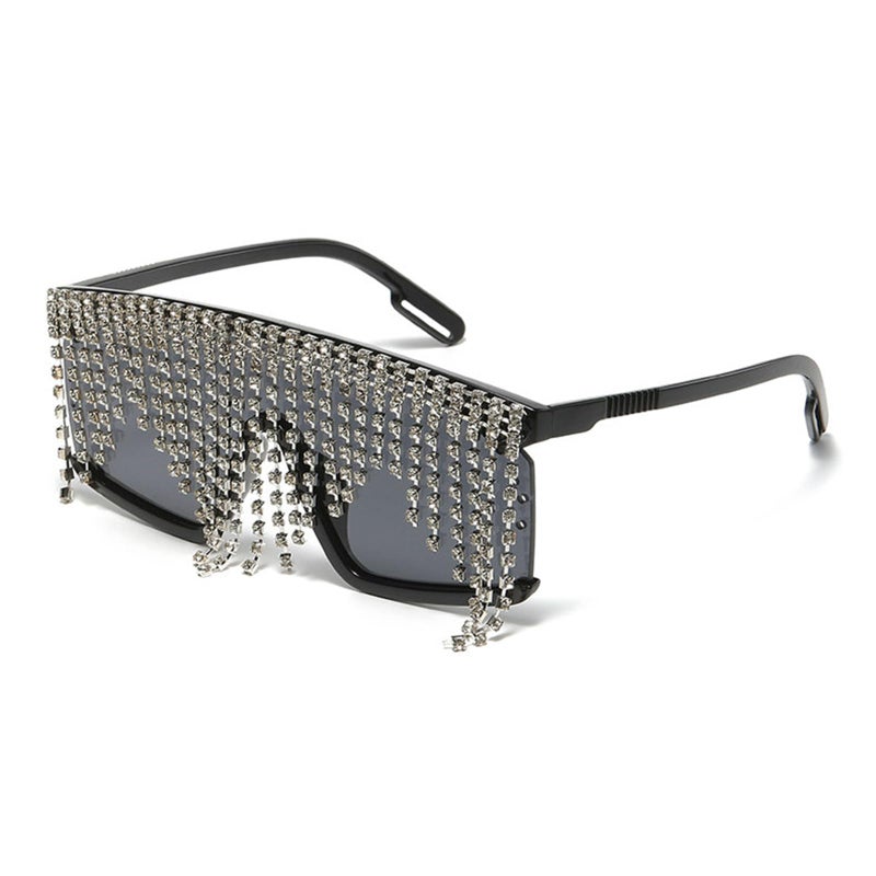 willochra Flat Top tassel Sunglasses Rhinestone Sun Glasses Diamond Party Eyeglasses Shades for Women UV400 (black) - Image 2