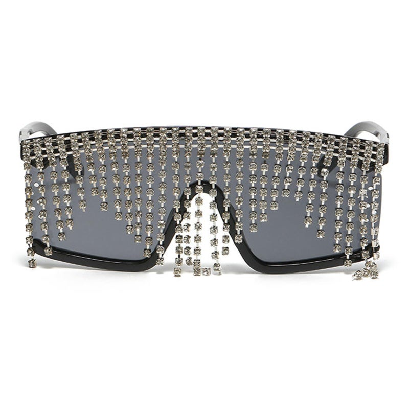 willochra Flat Top tassel Sunglasses Rhinestone Sun Glasses Diamond Party Eyeglasses Shades for Women UV400 (black) - Image 1