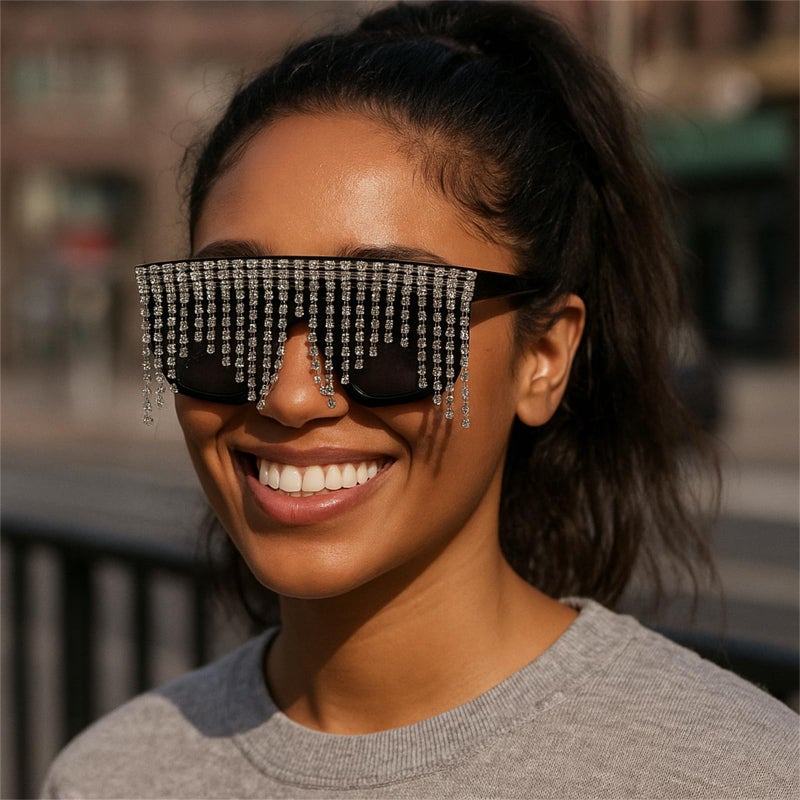 willochra Flat Top tassel Sunglasses Rhinestone Sun Glasses Diamond Party Eyeglasses Shades for Women UV400 (black) - Image 4