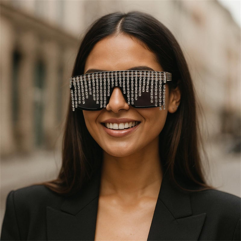 willochra Flat Top tassel Sunglasses Rhinestone Sun Glasses Diamond Party Eyeglasses Shades for Women UV400 (black) - Image 3