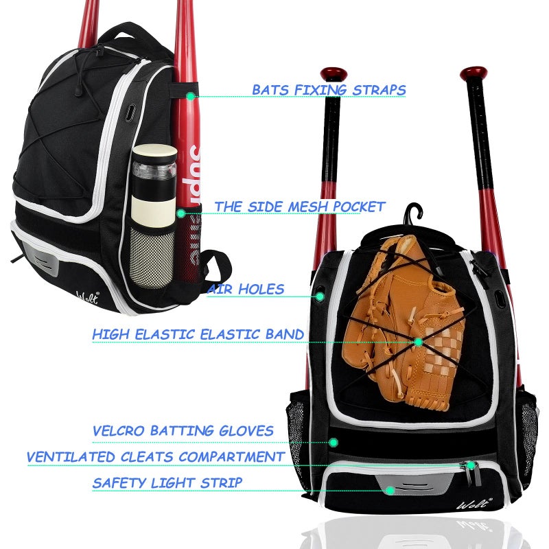 WOLT | Youth Baseball Backpack Bag for Baseball, Softball & T-Ball Equipment & Gear, Youth Boys and Adults, with Holder for Bat, Helmet, Glove, & Shoes Compartment & Fence Hook (Black) - Image 4