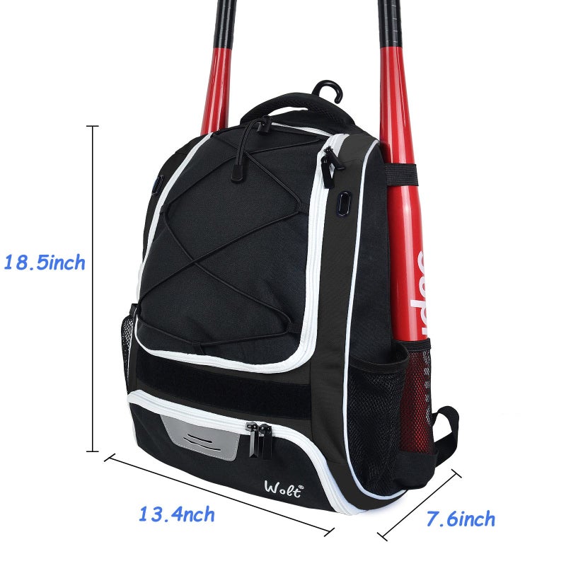 WOLT | Youth Baseball Backpack Bag for Baseball, Softball & T-Ball Equipment & Gear, Youth Boys and Adults, with Holder for Bat, Helmet, Glove, & Shoes Compartment & Fence Hook (Black) - Image 2