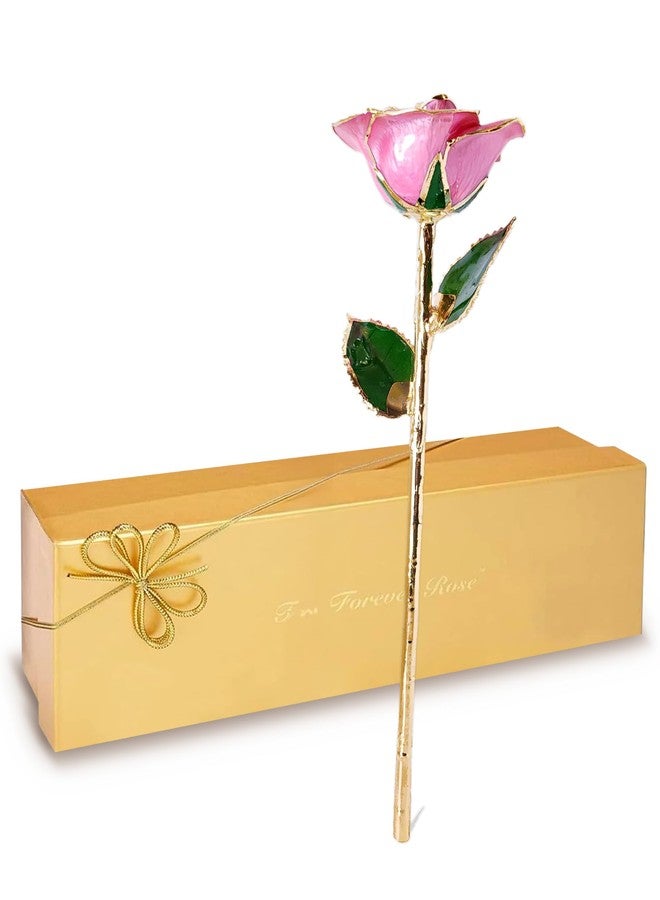 Forever Rose باقة وردة وردية متفتحة مطلية بذهب عيار ٢٤ قيراطًا، جاهزة للإهداء، معروضة في علبة هدايا فاخرة مزينة بشريط، هدية فريدة تدوم للأبد لأي مناسبة - Image 1