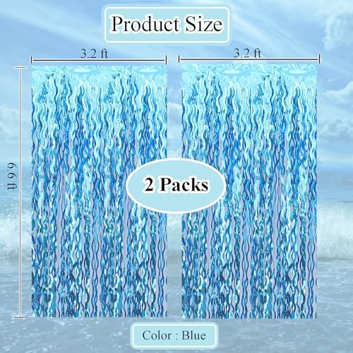 Budicool Wavy Tinsel Foil Fringe Curtains Teal Blue Streamers Backdrop for Ocean Themed Party Blue Birthday Under The Sea Party Decorations(2 Pack,3.2 ft x 6.6 ft) - Image 2