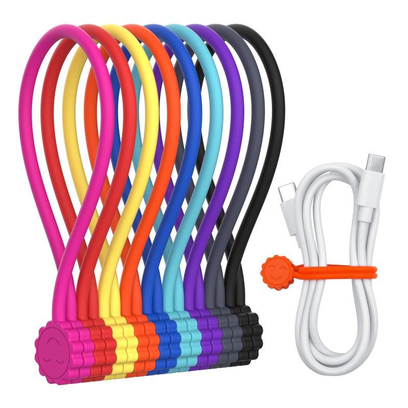 Rich&Ray Magnetic Reusable Silicone Cable Ties, Phone Cord Holder, Magnetic Cable Ties for Headphone Cables, Charging Cable Organizer, Book Markers, Hanging Stuff - 7.48'' (9Color - 9pack) - Image 1