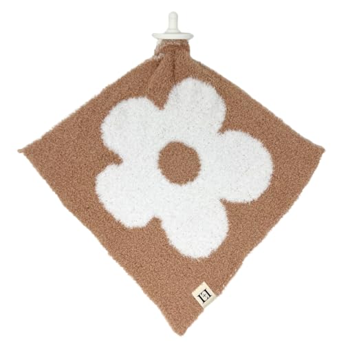 Leaps + Legends L+L USA Retro Flower Baby Lovey Pacifier/Teether Holder 10"x10" - DreamSoft Plush Fluffy Cuddly Soothie Reversible Mini Comfort Blanket - Cute Newborn Gift Essential Babies Boys Girls (Cafe/White) - Image 1