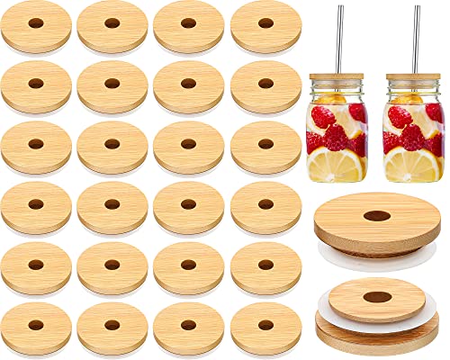 Cunhill 30 Pieces 70mm Bamboo Jar Lids Bulk with Straw Hole for Glass Cups Reusable Mason 276 Inch Wooden Lids with Silicone Ring for Beer Can Cups Regular Mouth Drinking Jars